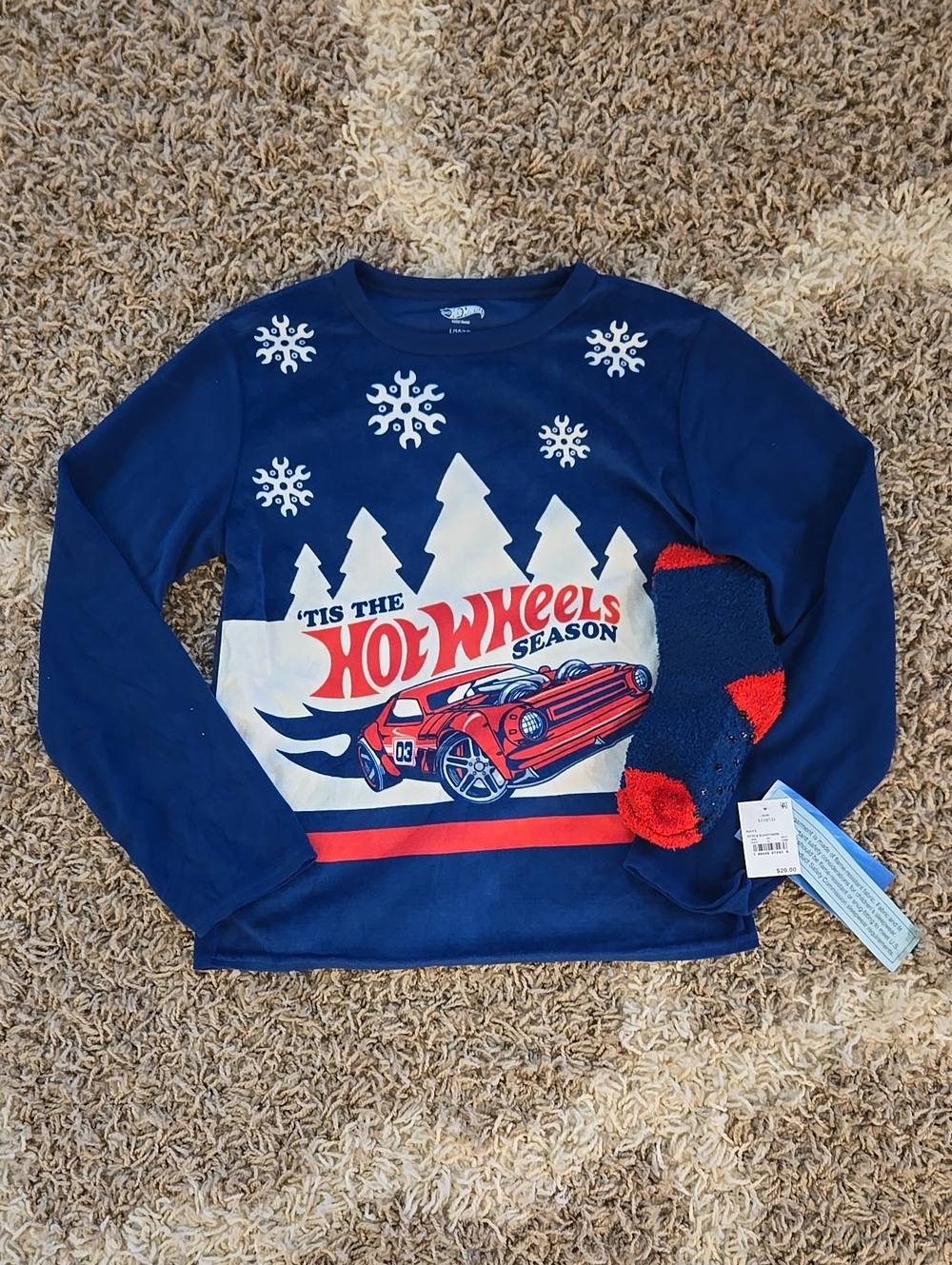 NWT Hot Wheels Kids' Blue 'Tis The Season Long-Sleeve Sleep Shirt & Socks
